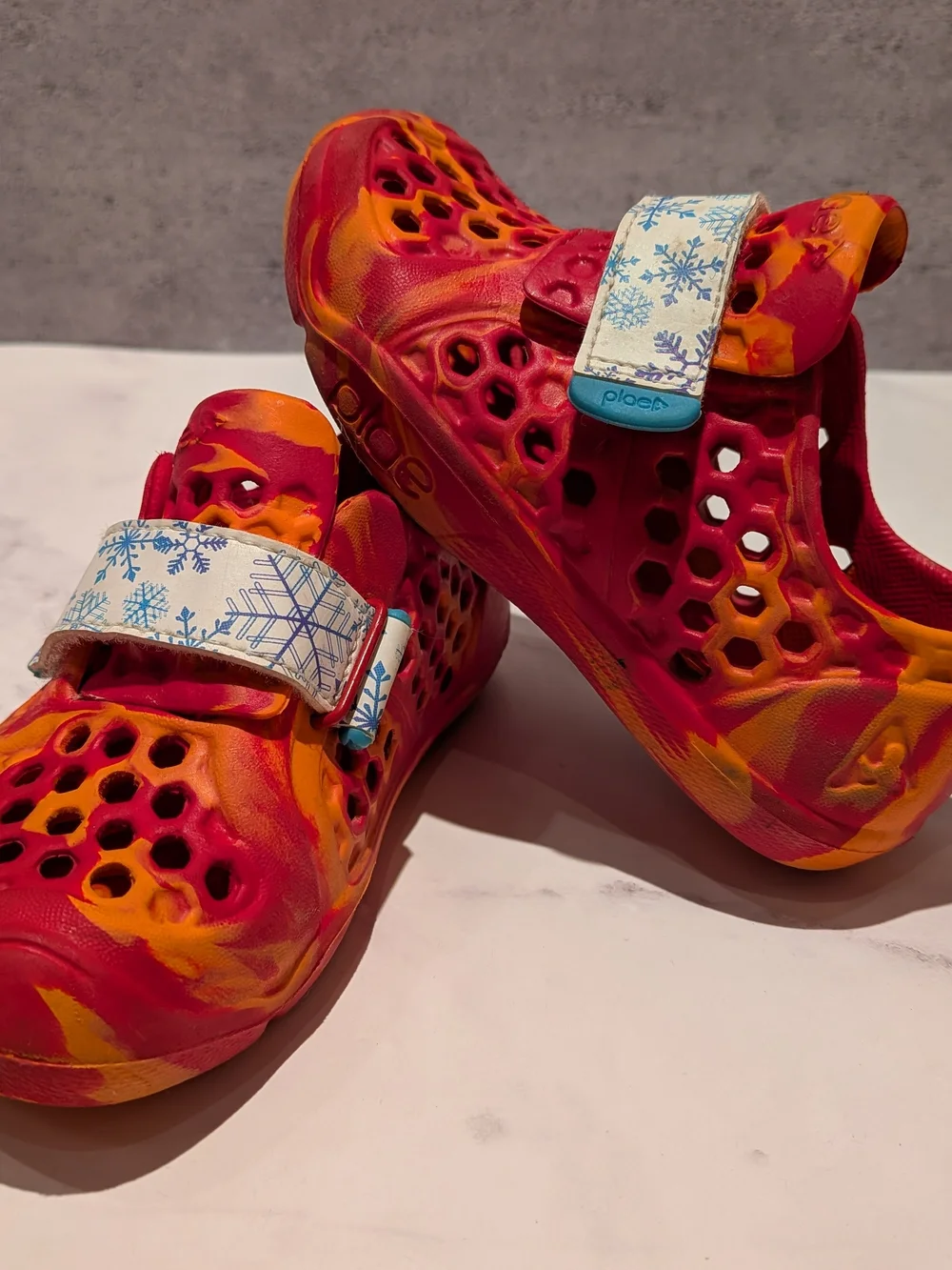 Kids Plae Slip-On Clog in Red and Orange with Blue Strap